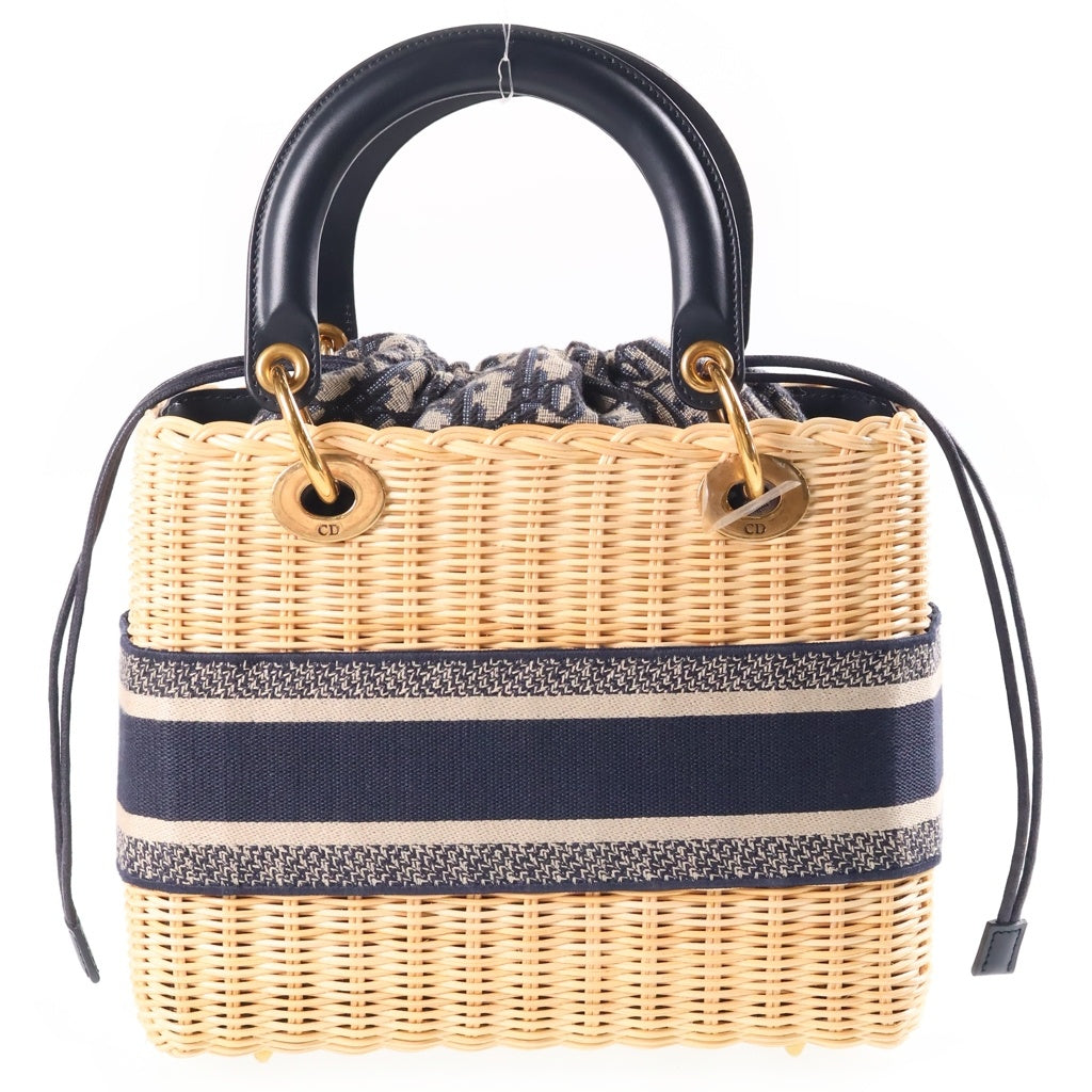 Christian Dior(クリスチャンディオール) Lady Dior レディディオール ミディアム ハンド ショルダーバッグ ラタン オブリーク ベージュ/ネイビー M0565CMVO_M808 レディース