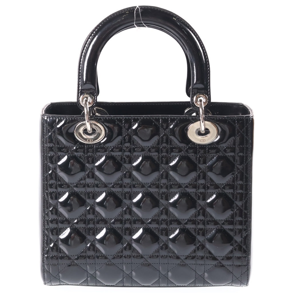 Christian Dior(クリスチャンディオール) レディディオール カナージュ ミディアム パテントレザー ハンドバッグ シルバー金具 ブラック レディース