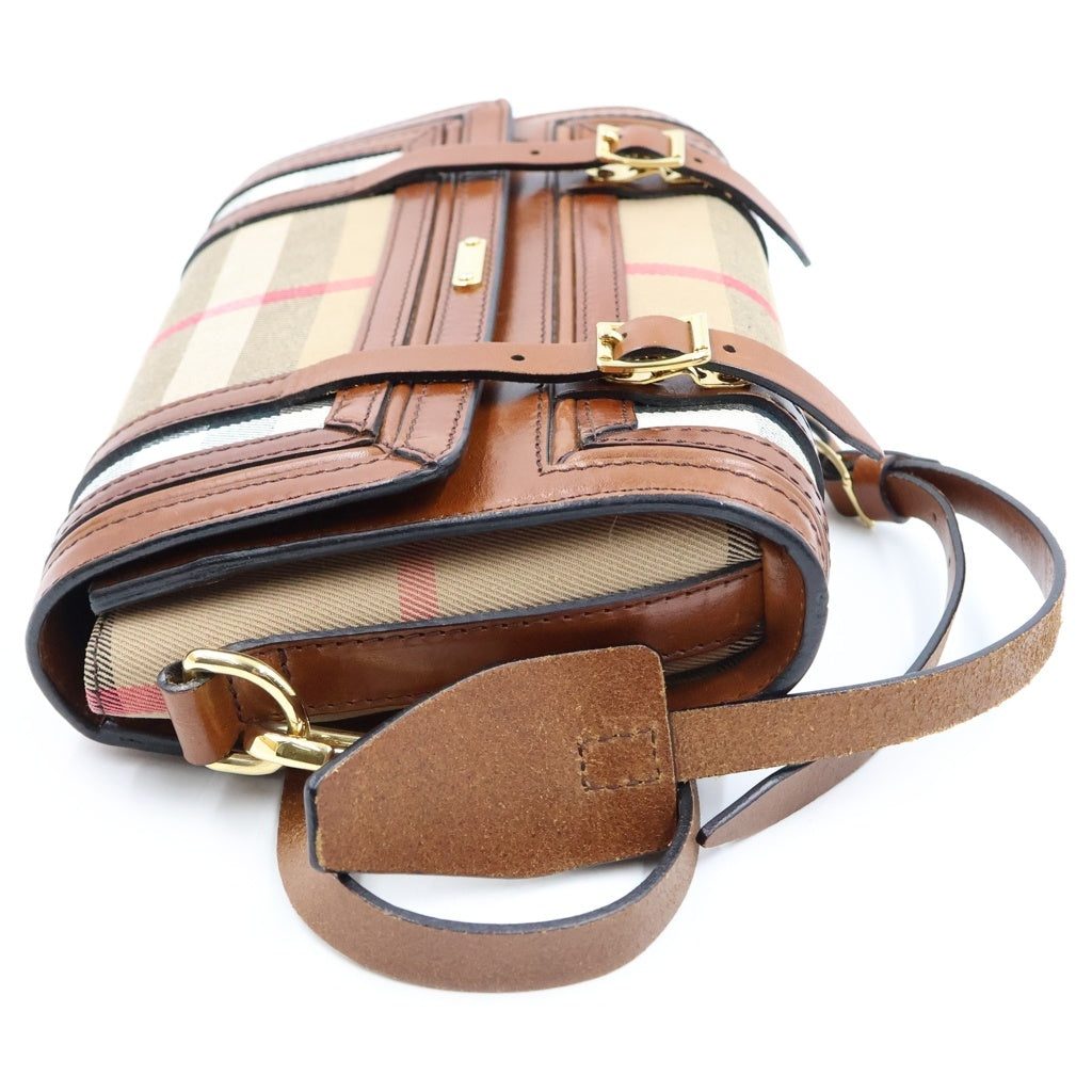 BURBERRY(バーバリー) ショルダー バック ハウスチェック レザー キャンバス ベージュ ブラウン レディース
