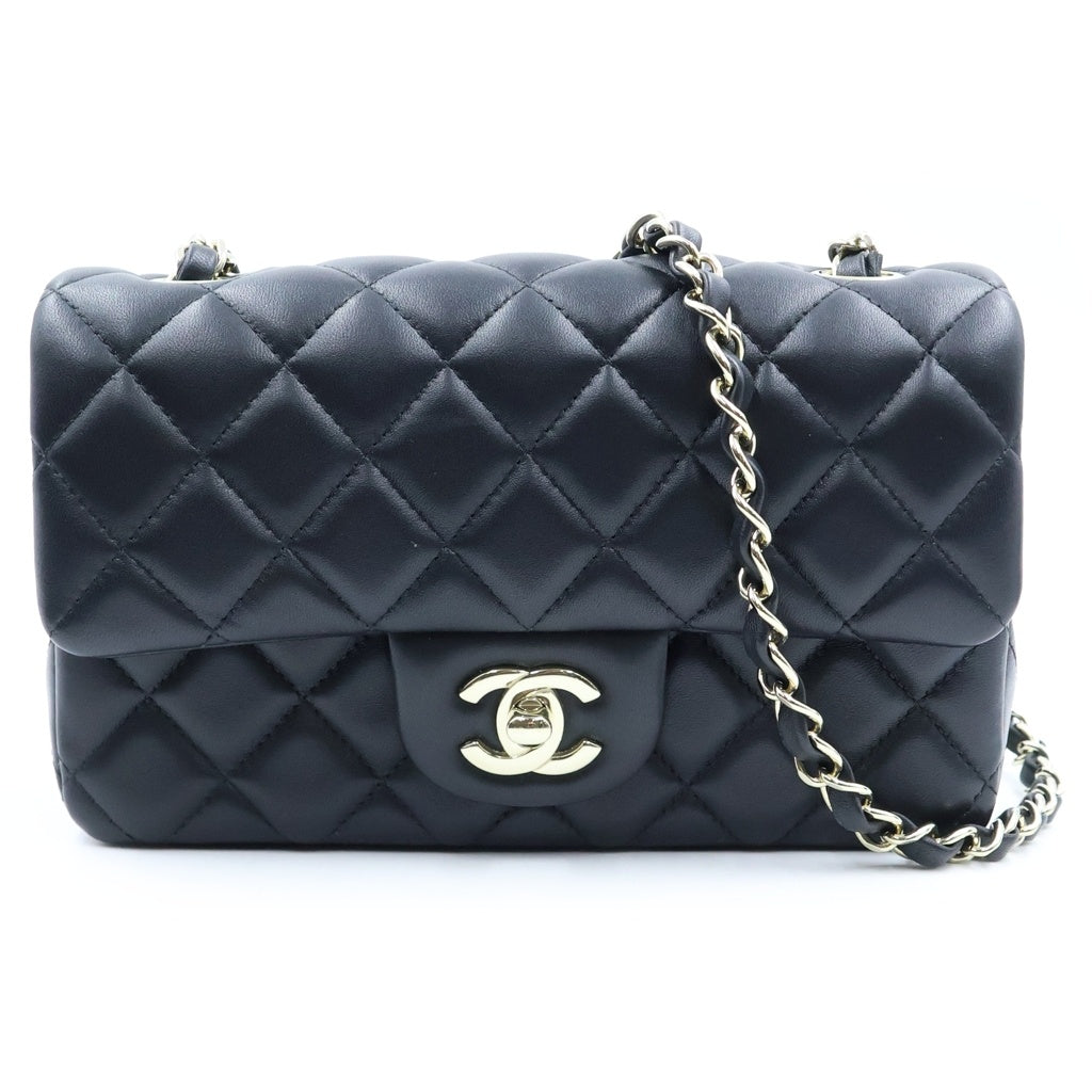 CHANEL(シャネル) ミニマトラッセ20 チェーンショルダーバッグ シングルチェーン シングルフラップ ブラック ラムスキン ゴールド金具 プレート A69900 レディース