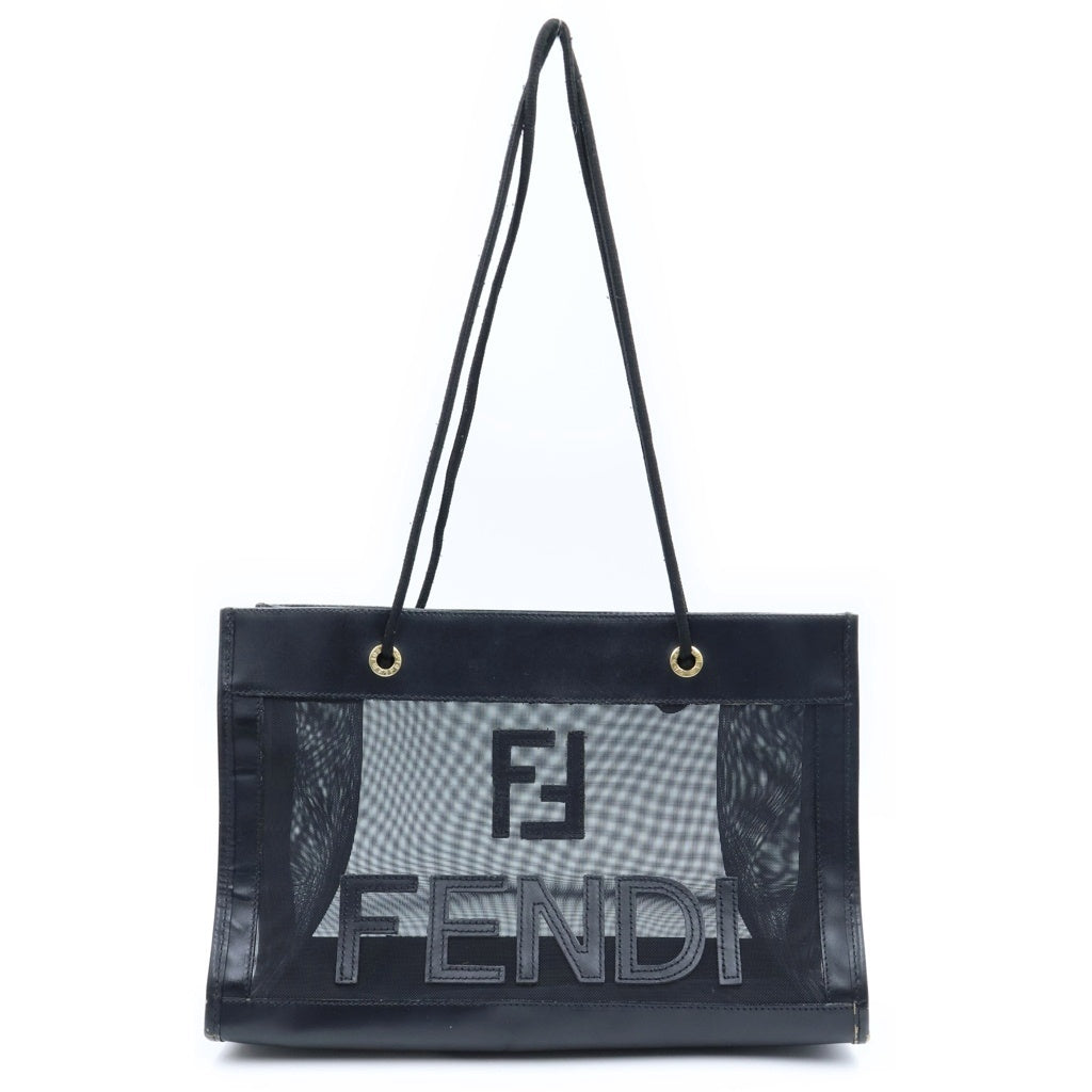 FENDI(フェンディ) ロゴメッシュ ハンドバッグ トートバッグ ブラック レザー ゴールド金具 レディース
