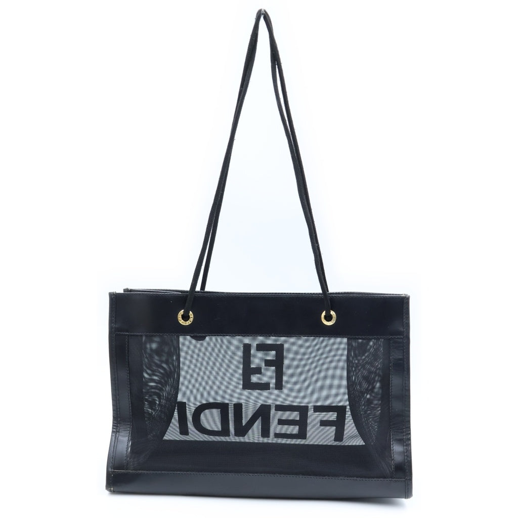 FENDI(フェンディ) ロゴメッシュ ハンドバッグ トートバッグ ブラック レザー ゴールド金具 レディース