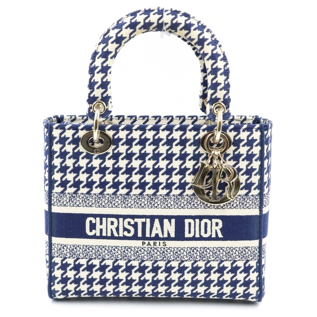 Christian Dior(クリスチャンディオール) レディ D-LITE ライト ミディアム 2WAYハンドバッグ ショルダーバッグ ネイビー×ホワイト キャンバス レディース