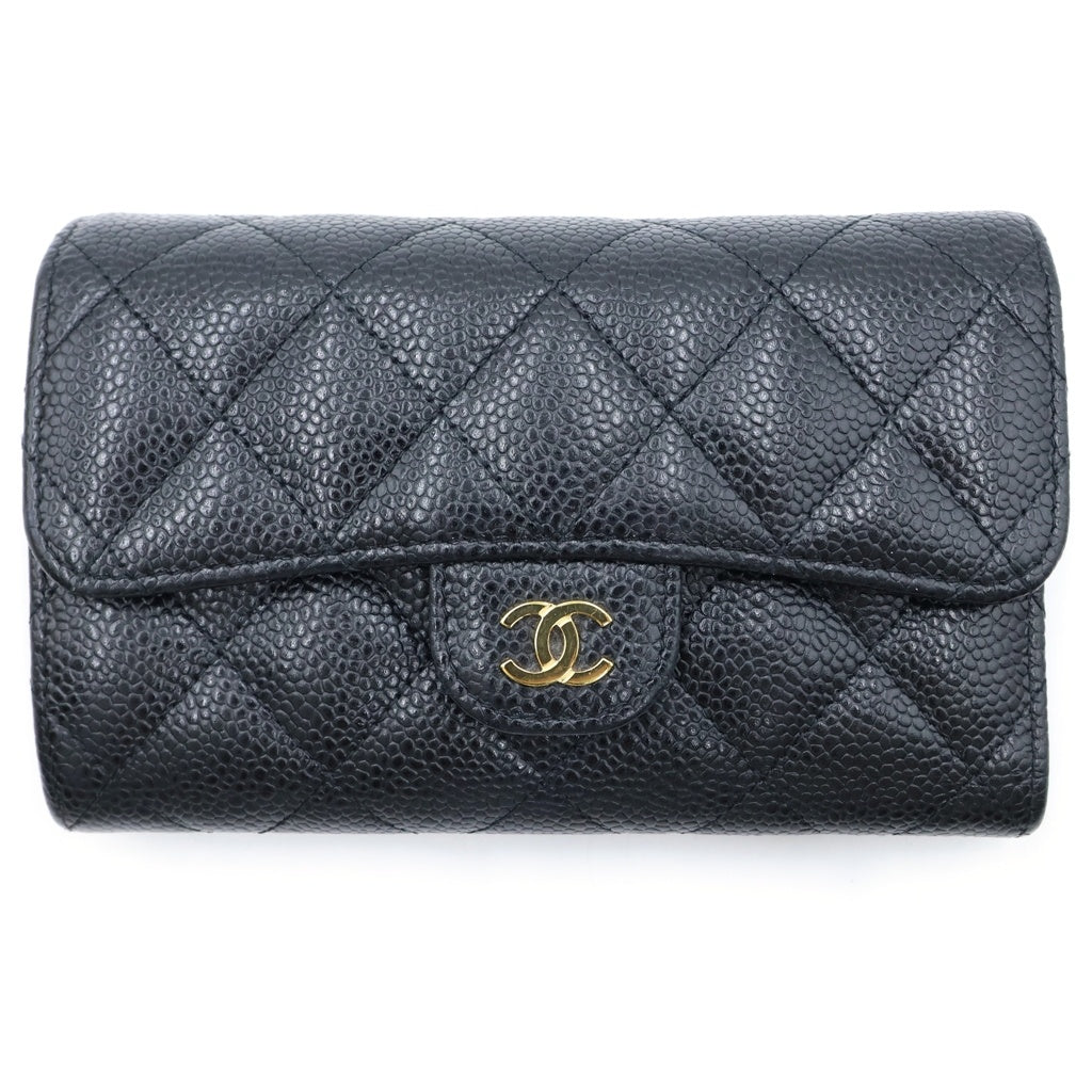 CHANEL(シャネル) マトラッセ 3つ折り財布 ウォレット キャビアスキン レザー ブラック 32番台 レディース