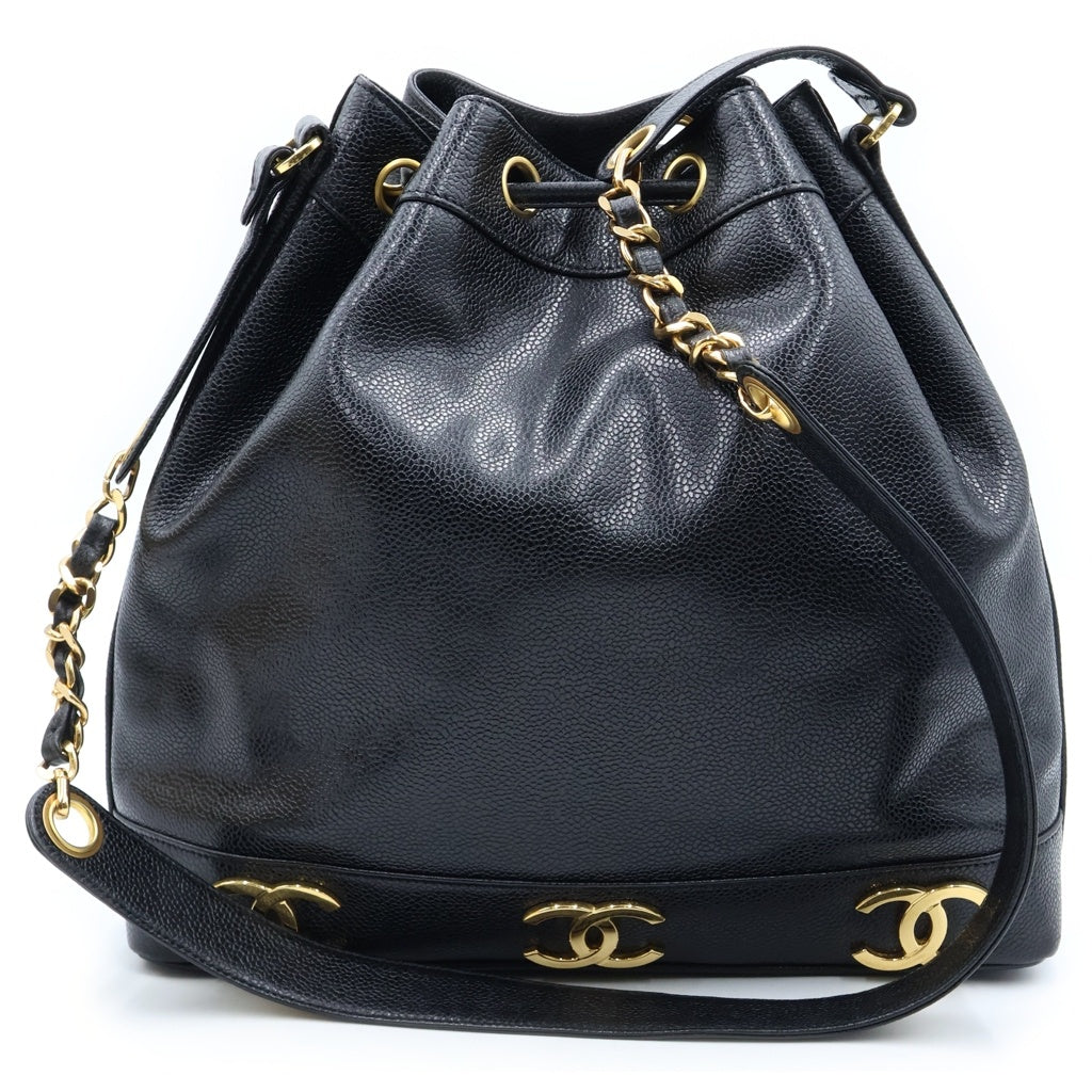 CHANEL(シャネル) トリプルココ チェーンショルダーバッグ 巾着バッグ ブラック キャビアスキン ゴールド金具 レディース