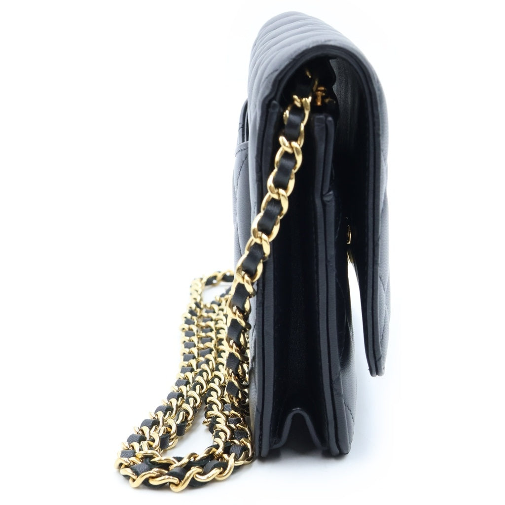 CHANEL(シャネル) マトラッセ ラムスキン レザー チェーンウォレット ショルダーバッグ ゴールド金具 ブラック プレート レディース