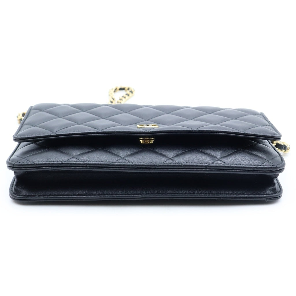 CHANEL(シャネル) マトラッセ ラムスキン レザー チェーンウォレット ショルダーバッグ ゴールド金具 ブラック プレート レディース