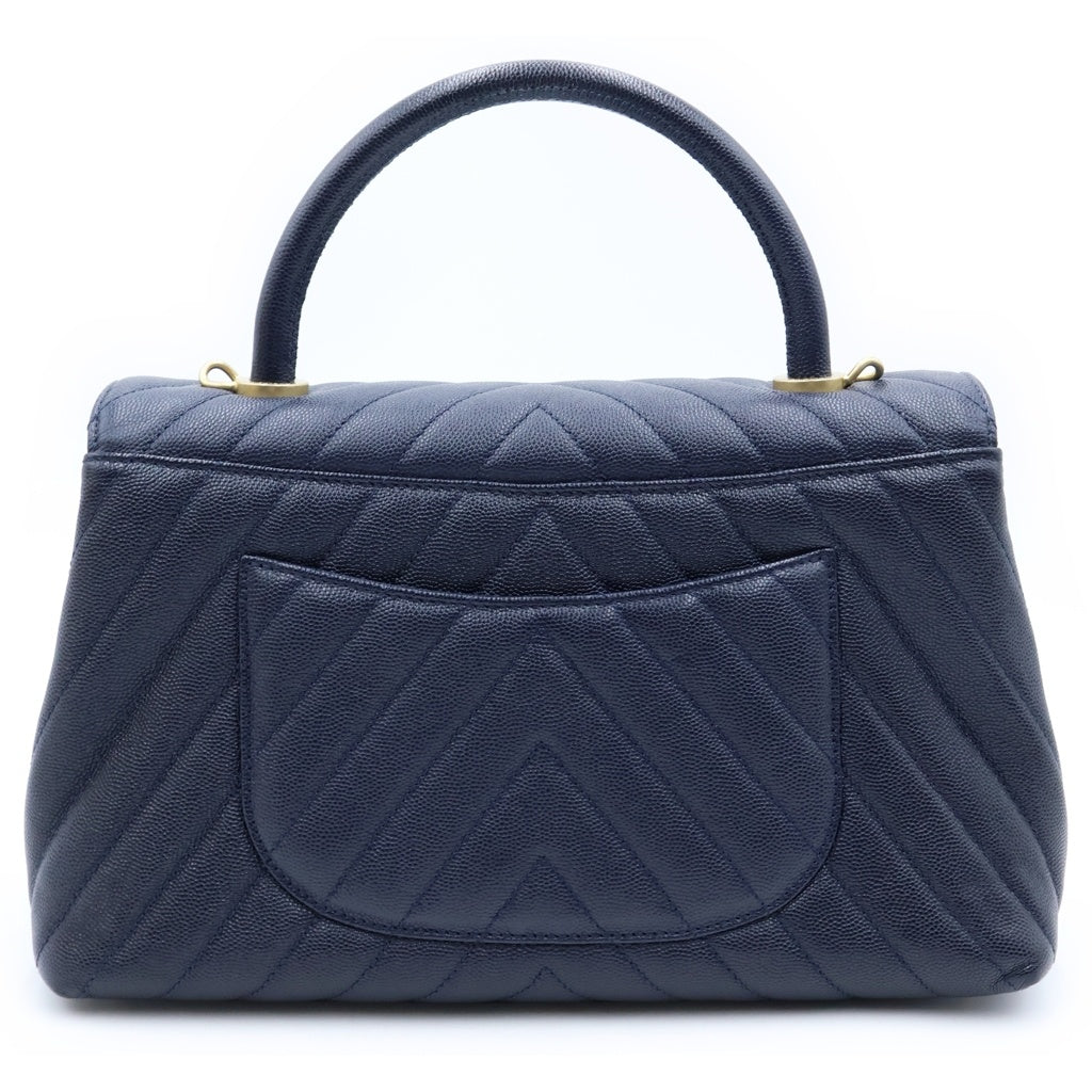 CHANEL(シャネル) ココマーク Vステッチ ココハンドルS ハンドバッグ ショルダーバッグ 2WAY ネイビー キャビアスキン ゴールド金具 A92991 レディース