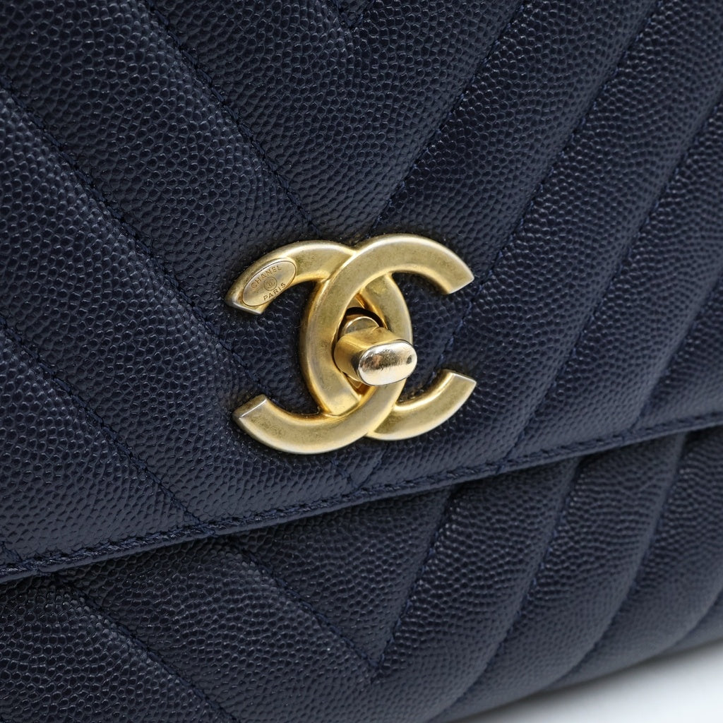 CHANEL(シャネル) ココマーク Vステッチ ココハンドルS ハンドバッグ ショルダーバッグ 2WAY ネイビー キャビアスキン ゴールド金具 A92991 レディース