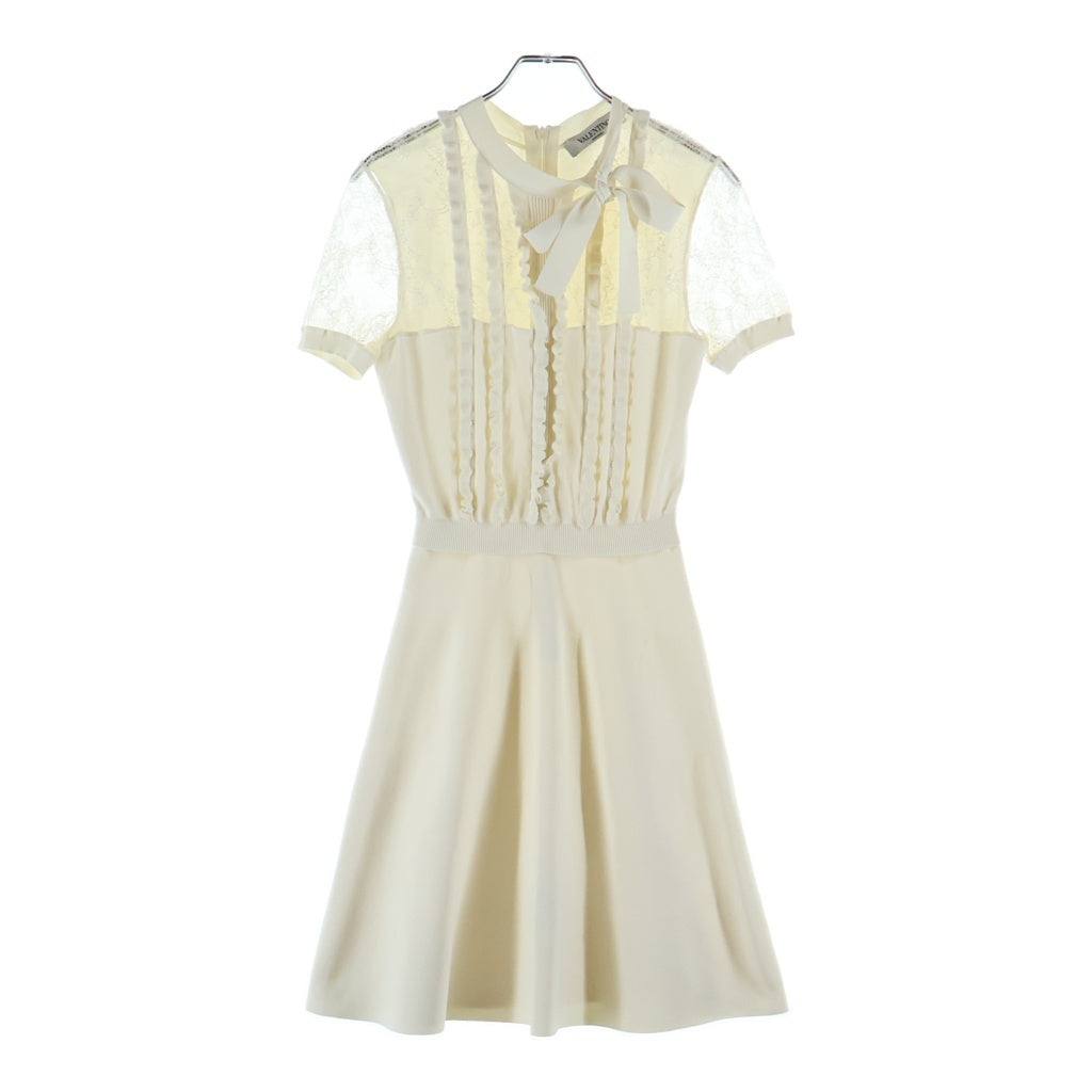VALENTINO(ヴァレンティノ) ボウタイ レース シルク ウエスト切替 半袖 ワンピース フリルニットワンピース #ホワイト レディース