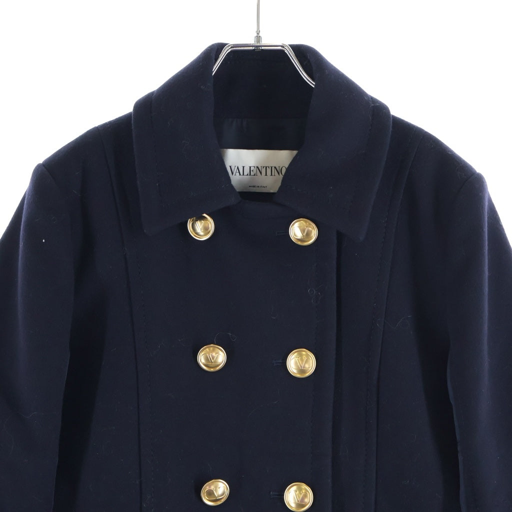 VALENTINO(ヴァレンティノ) カシミヤ混 ナイロン切り替え ダブルブレストショートコート 金ボタン ウール ネイビー WB3CJ21515E レディース
