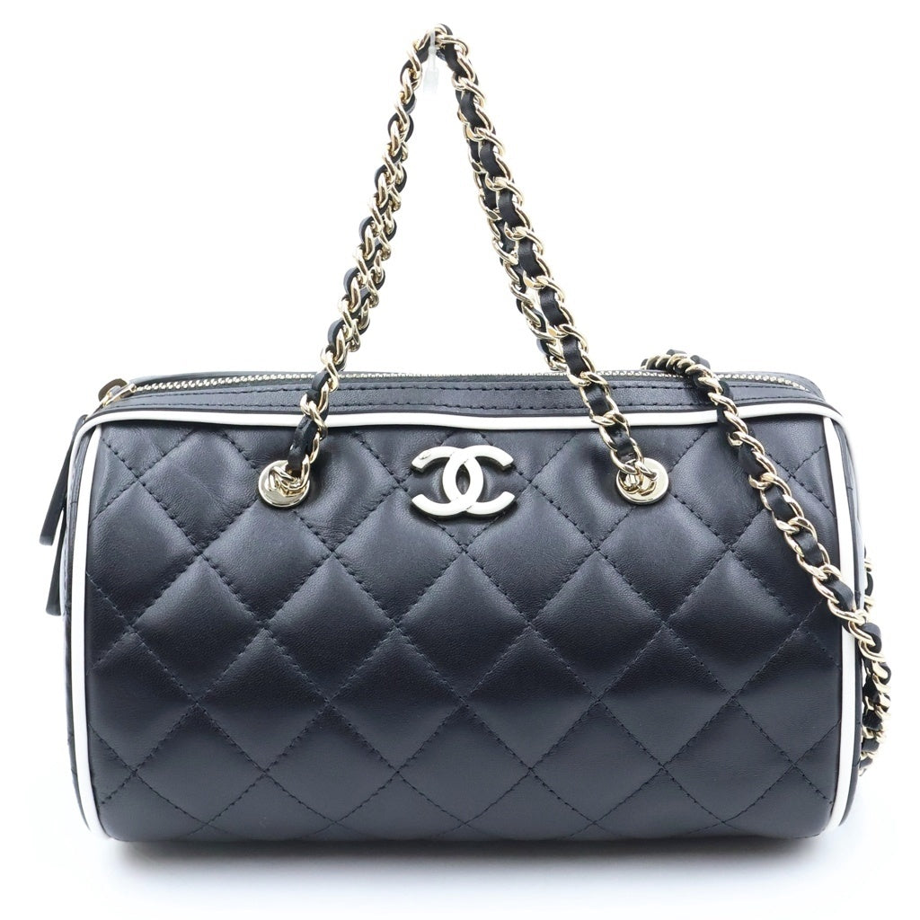 CHANEL(シャネル) マトラッセ ボストンショルダーバッグ チェーンミニバッグ ブラック×ホワイト ラムスキン AP4515 ゴールド金具 レディース