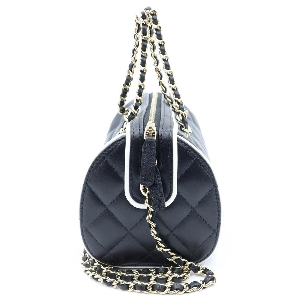 CHANEL(シャネル) マトラッセ ボストンショルダーバッグ チェーンミニバッグ ブラック×ホワイト ラムスキン AP4515 ゴールド金具 レディース