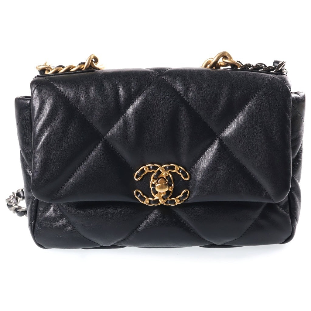 CHANEL(シャネル) シャネル19 チェーンショルダーバッグ ミディアム ブラック シャイニーカーフスキン AS1160 ゴールド×シルバー金具 レディース
