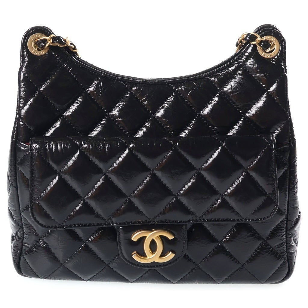 CHANEL(シャネル) ホーボー マトラッセ チェーンショルダーバッグ ブラック シャイニーカーフスキン AS3690 ゴールド金具 レディース