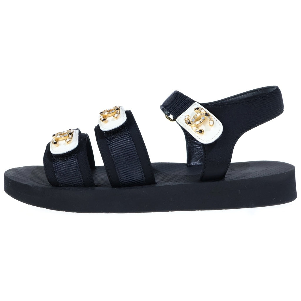 CHANEL(シャネル) ココマーク ラインストーン ベルクロサンダル ラバーソール ゴールド金具 フラットサンダル シューズ #37 ブラック G46448 レディース