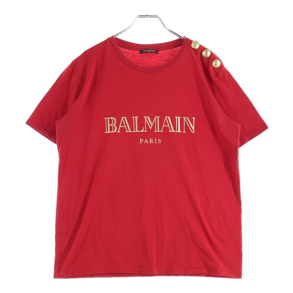 BALMAIN(バルマン) ロゴプリント 袖ボタン コットン 半袖 Tシャツ カットソー #42 レッド