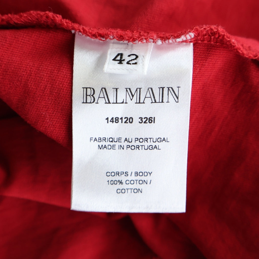 BALMAIN(バルマン) ロゴプリント 袖ボタン コットン 半袖 Tシャツ カットソー #42 レッド