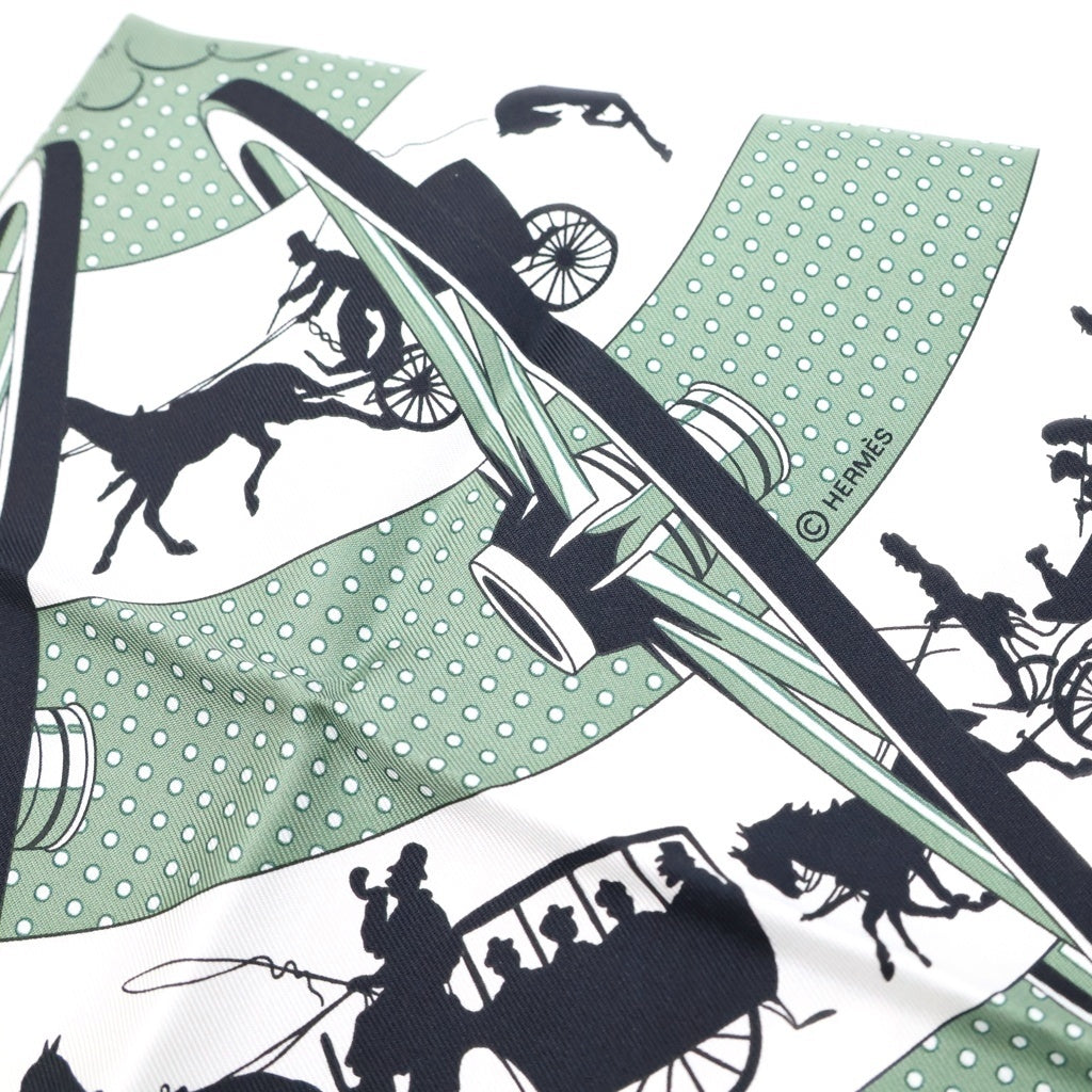 HERMES(エルメス) カレ55 Paris Qui Roule Bamdana 車輪でめぐるパリ バンダナ シルク ミントグリーン/ホワイト レディース