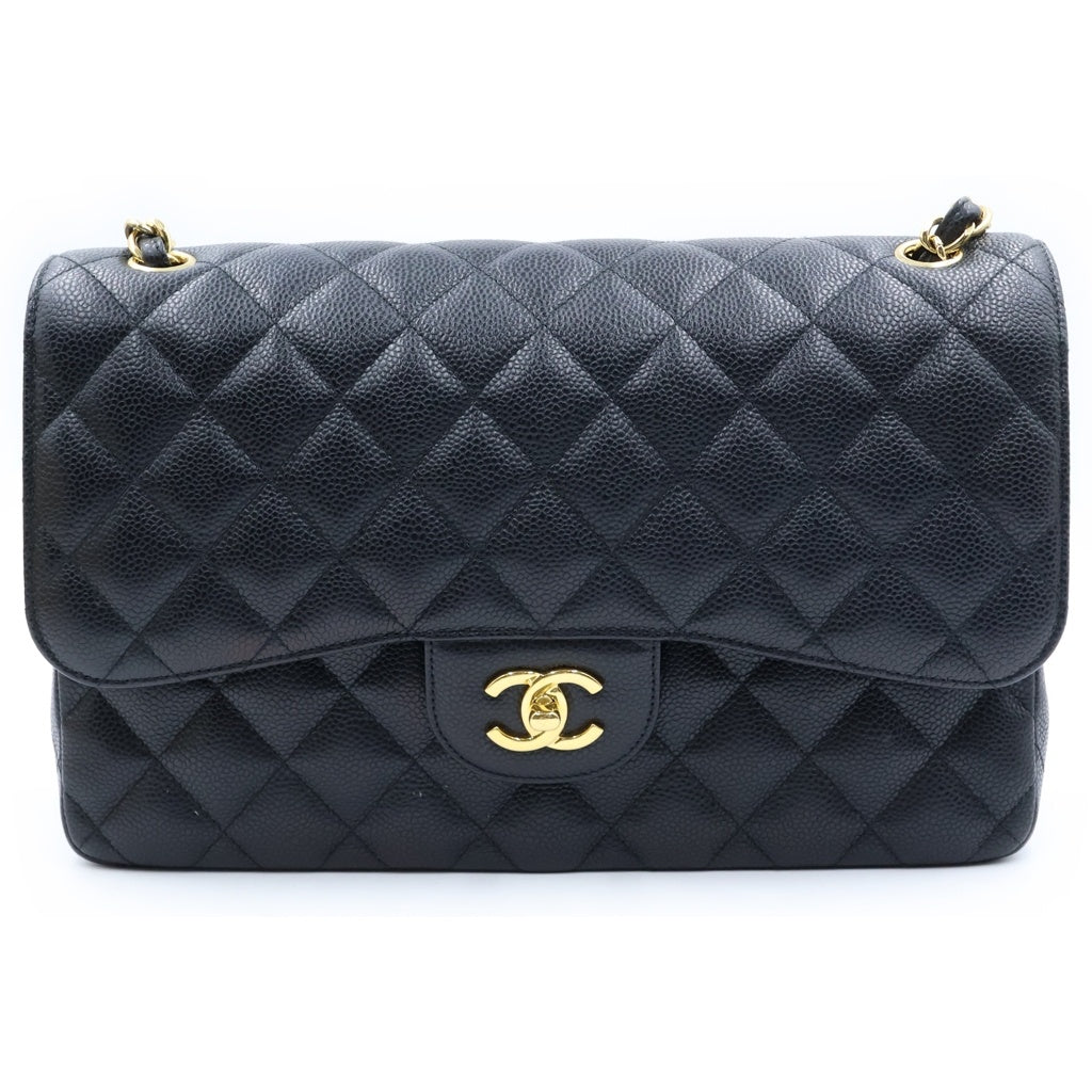 CHANEL(シャネル) マトラッセ30 WフラップWチェーンショルダーバッグ ブラック キャビアスキン ゴールド金具 シール、カード付 22番台 レディース