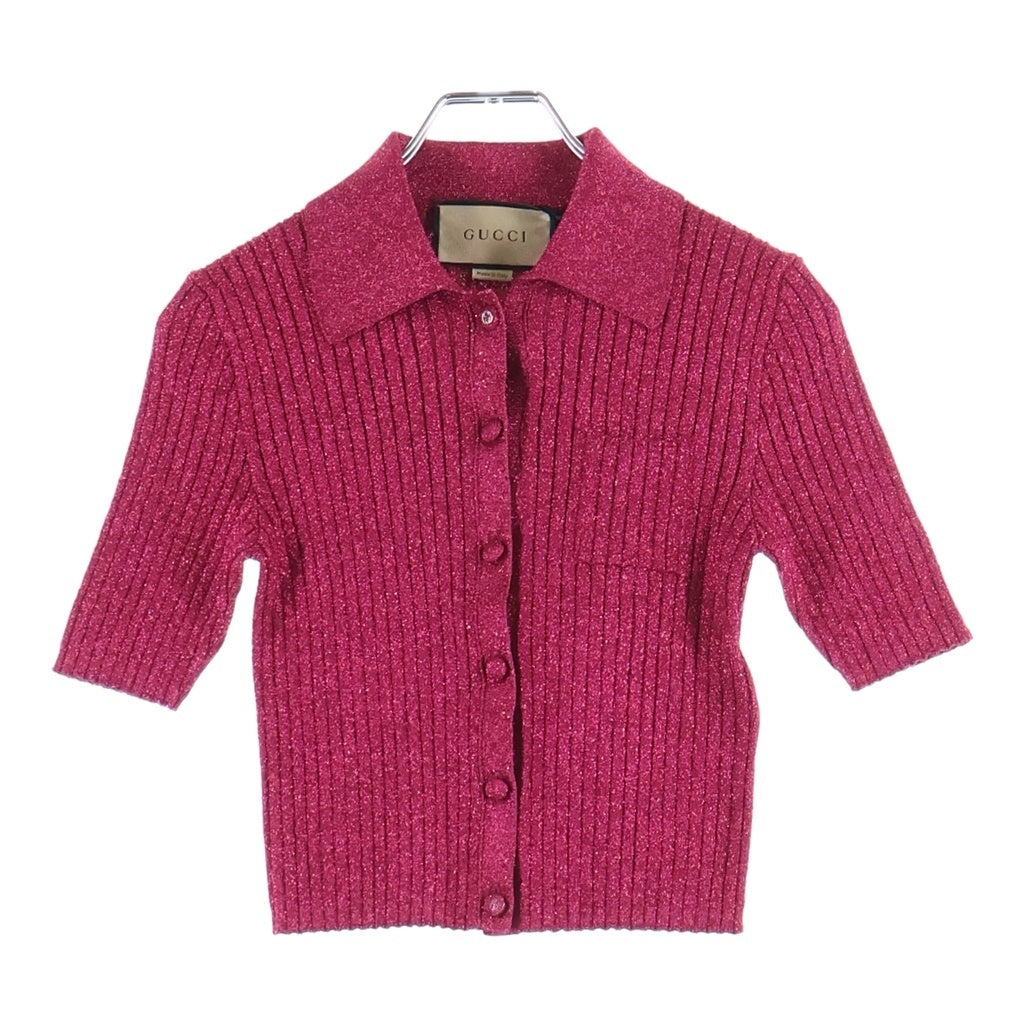 GUCCI(グッチ) レーヨン×ポリエステル リブ ラメ ニット クロップド丈 ポロシャツ #XS ピンク レディース