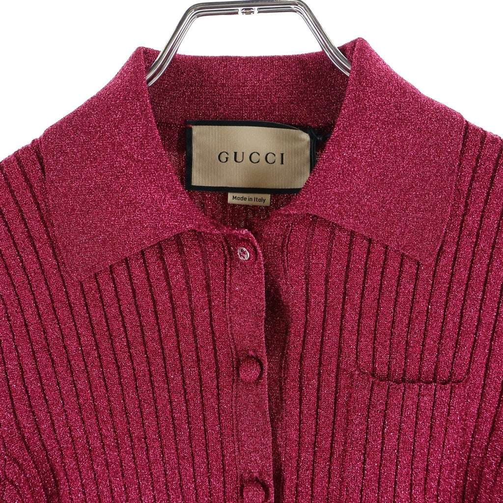 GUCCI(グッチ) レーヨン×ポリエステル リブ ラメ ニット クロップド丈 ポロシャツ #XS ピンク レディース