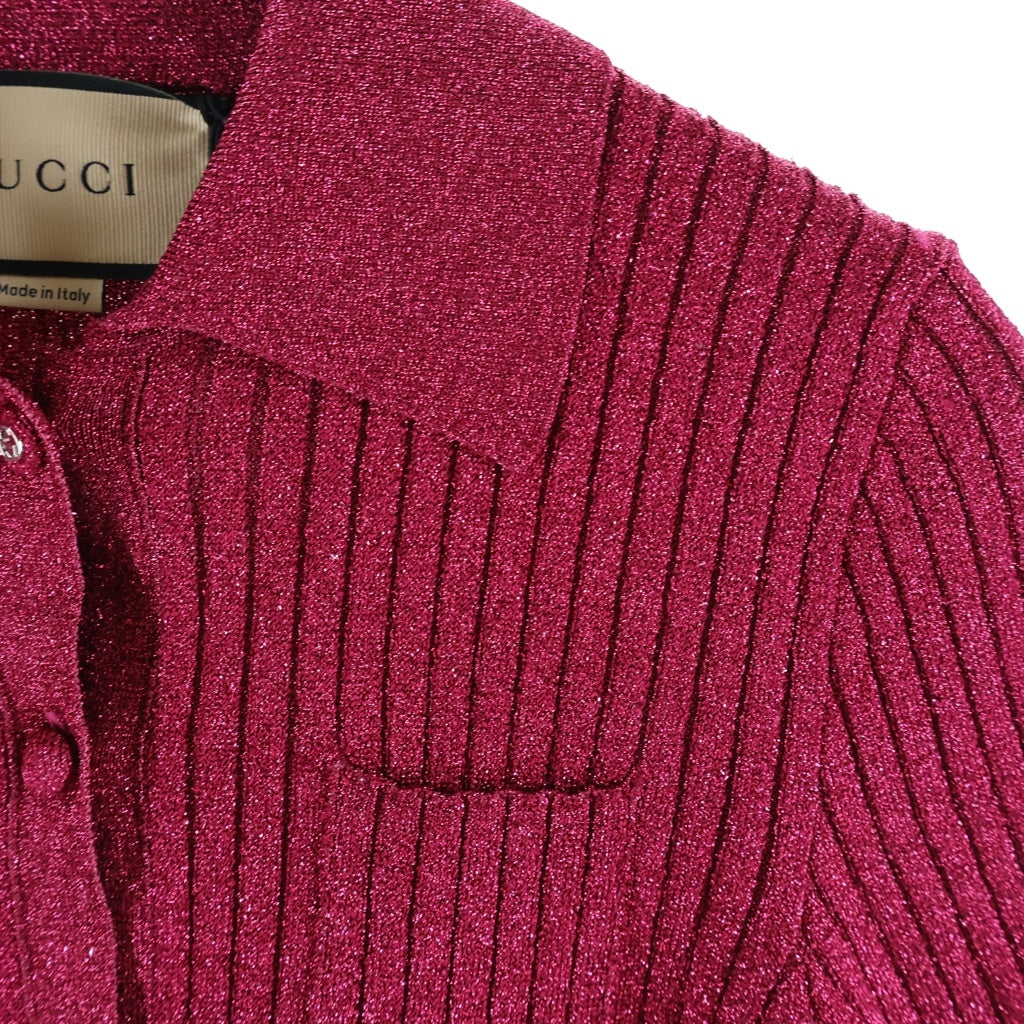 GUCCI(グッチ) レーヨン×ポリエステル リブ ラメ ニット クロップド丈 ポロシャツ #XS ピンク レディース