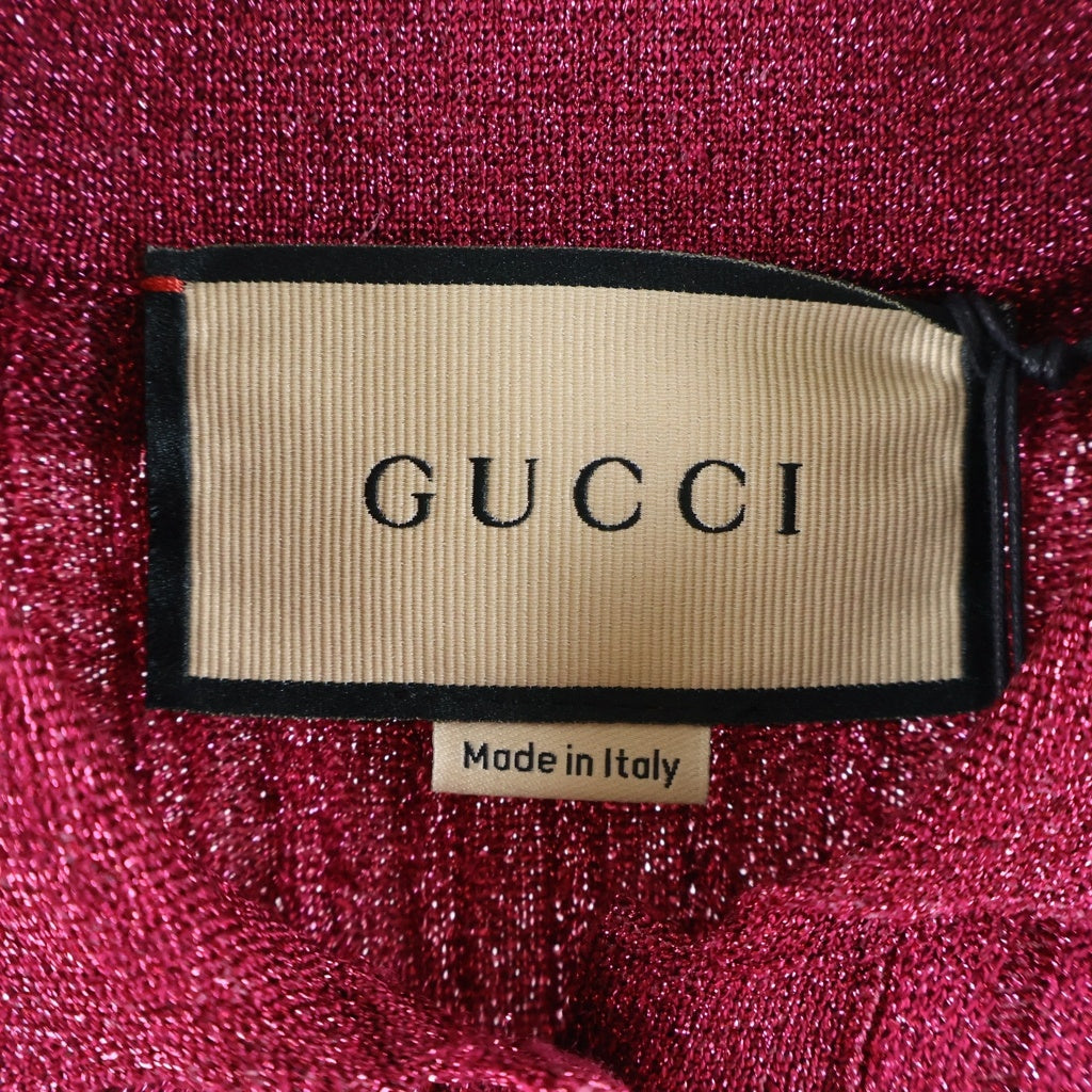GUCCI(グッチ) レーヨン×ポリエステル リブ ラメ ニット クロップド丈 ポロシャツ #XS ピンク レディース