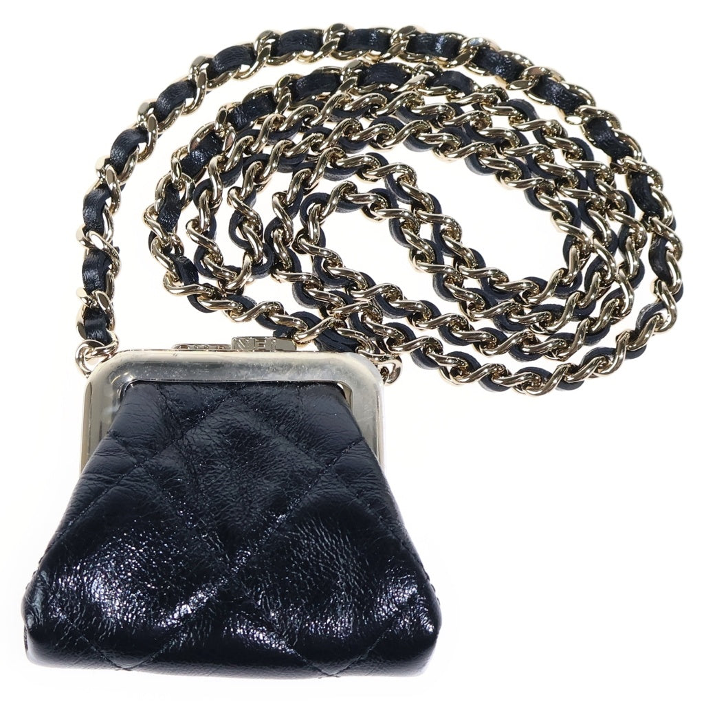 CHANEL(シャネル) マトラッセ がま口チェーンウォレット ポーチ ブラック ラムスキン ゴールド金具 レディース