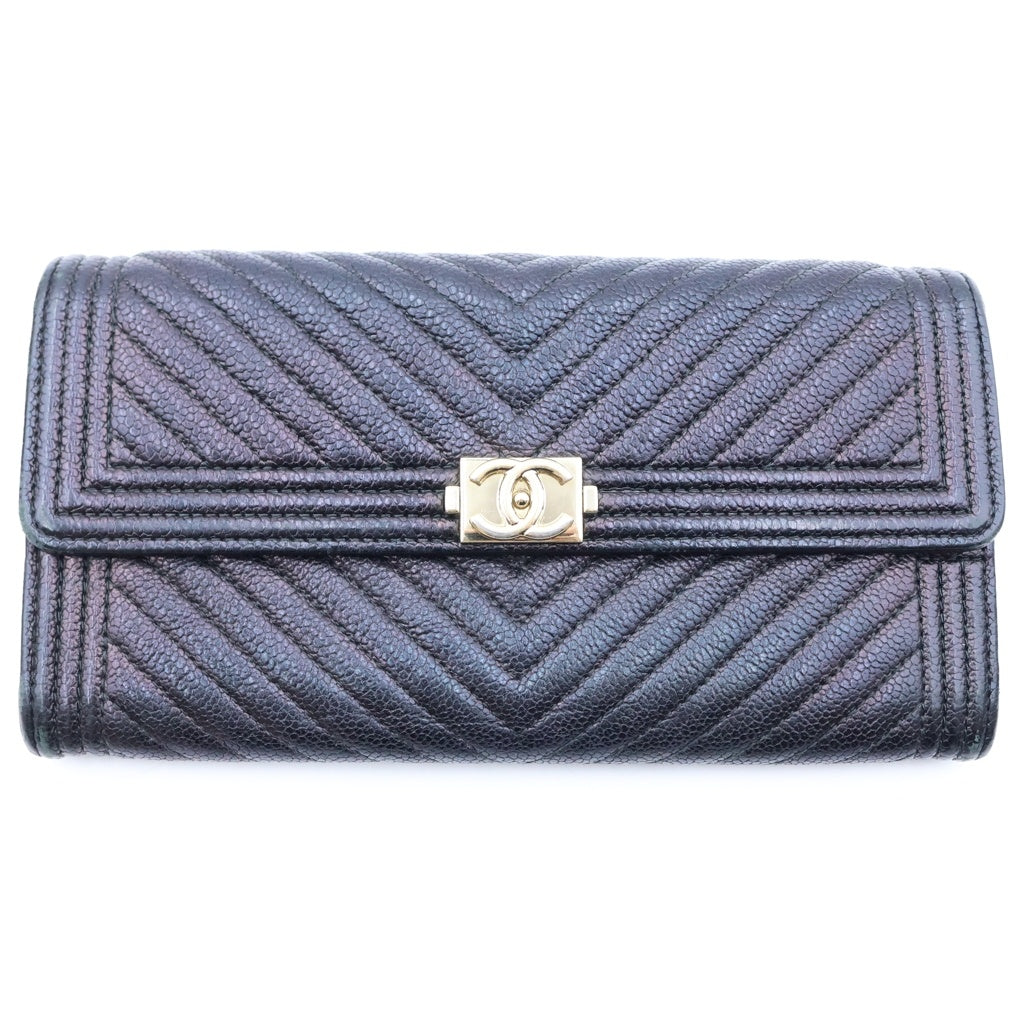CHANEL(シャネル) ボーイシャネル 長財布 ロングウォレット カードケース ブラック キャビアスキン 24番台 ゴールド金具 レディース