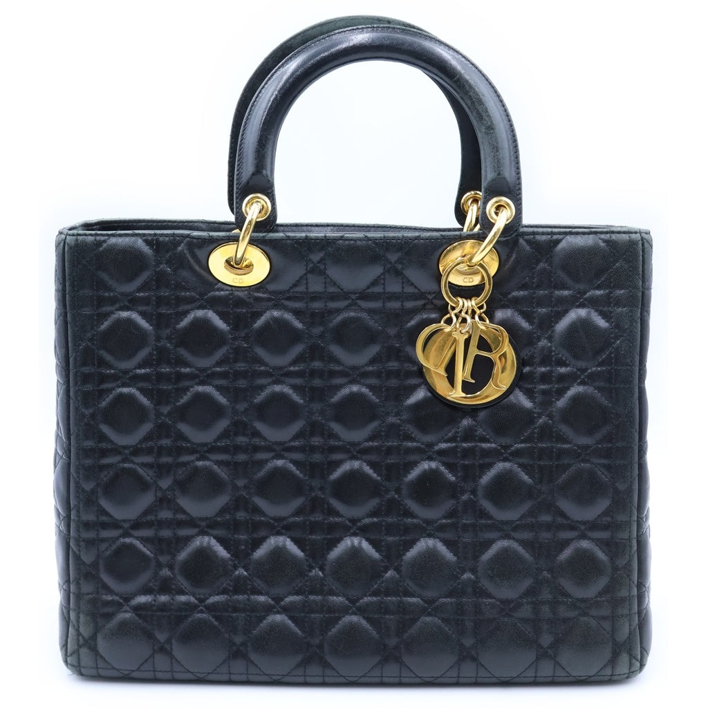 Christian Dior(クリスチャンディオール) レディディオール ラージ カナージュ ラムスキン レザー ハンドバッグ ブラック ゴールド金具 レディース