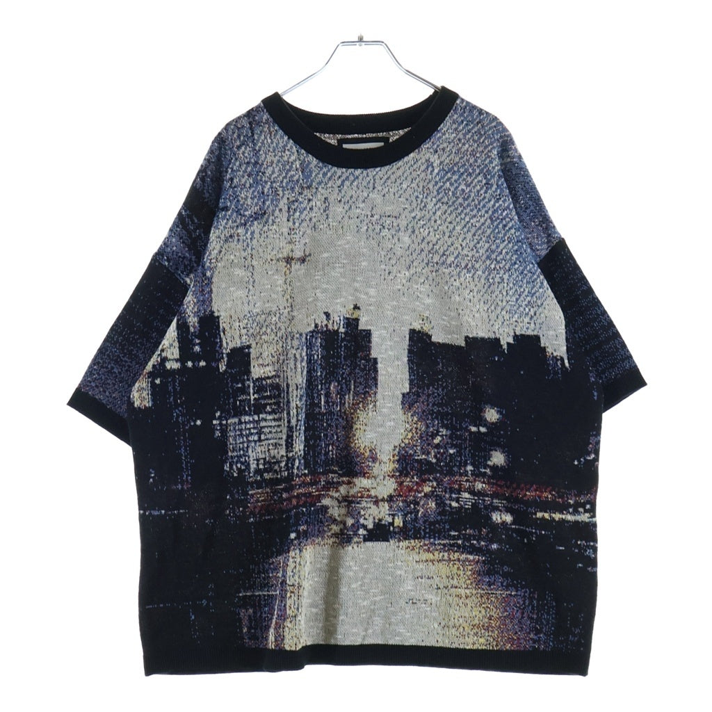MAISON SPECIAL(メゾンスペシャル) プライムオーバー コンテンポラリーアート ショートスリーブ クルーネック ニットTシャツ ブラック×ブルー #02