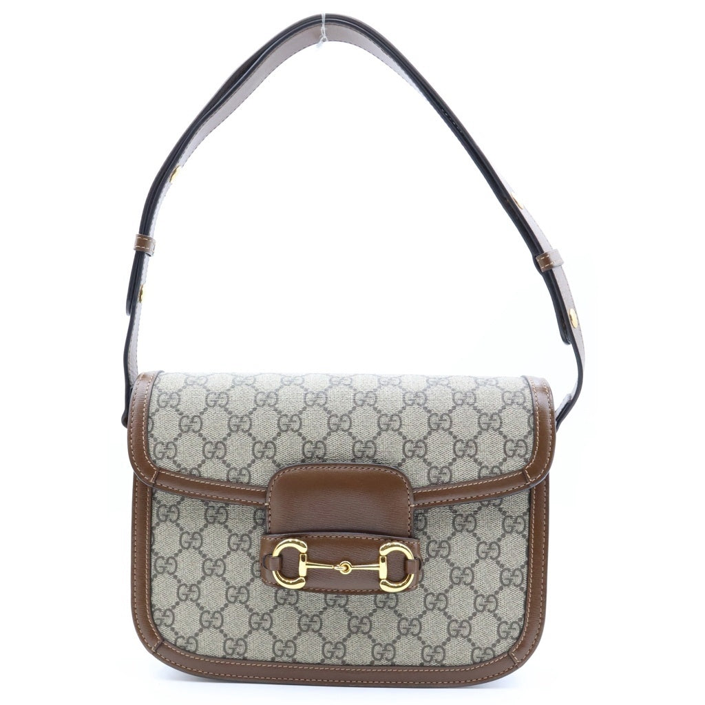 GUCCI(グッチ) GGスプリーム ホースビット ショルダーバッグ PVC×レザー ベージュ×ブラウン 602204 レディース