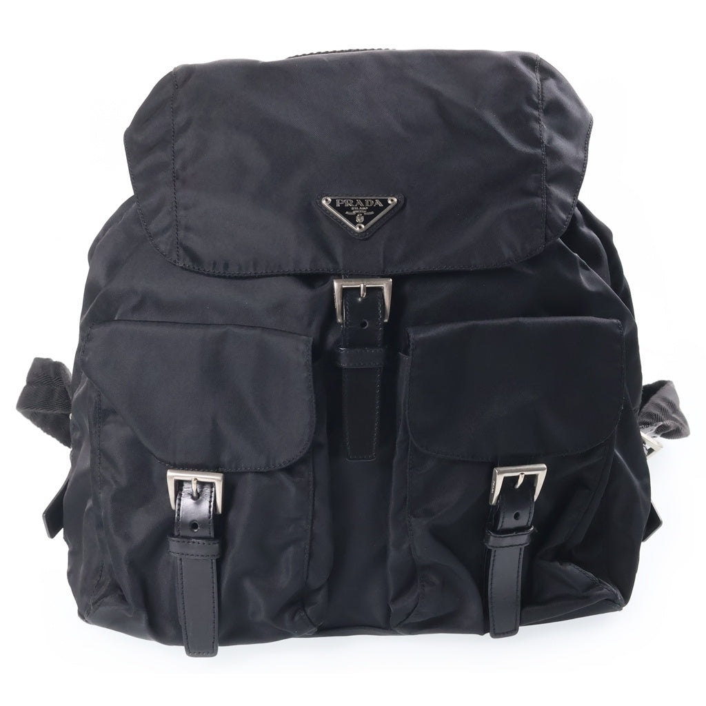 PRADA(プラダ) トライアングルロゴ ナイロンリュックサック バックパック ブラック テスート B6677F シルバー金具 レディース