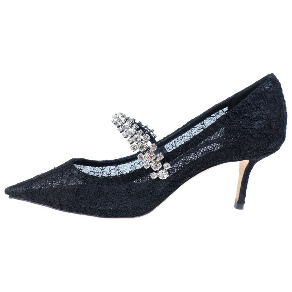 JIMMY CHOO(ジミーチュウ) クリスタル パンプス ブラック レース×レザー ラインストーン レディース