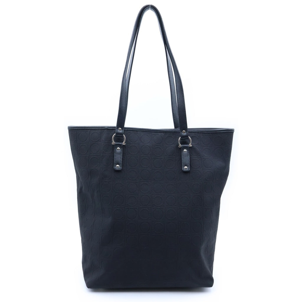FERRAGAMO(フェラガモ) ガンチーニ キャンバス レザー トートバッグ シルバー金具 ブラック レディース