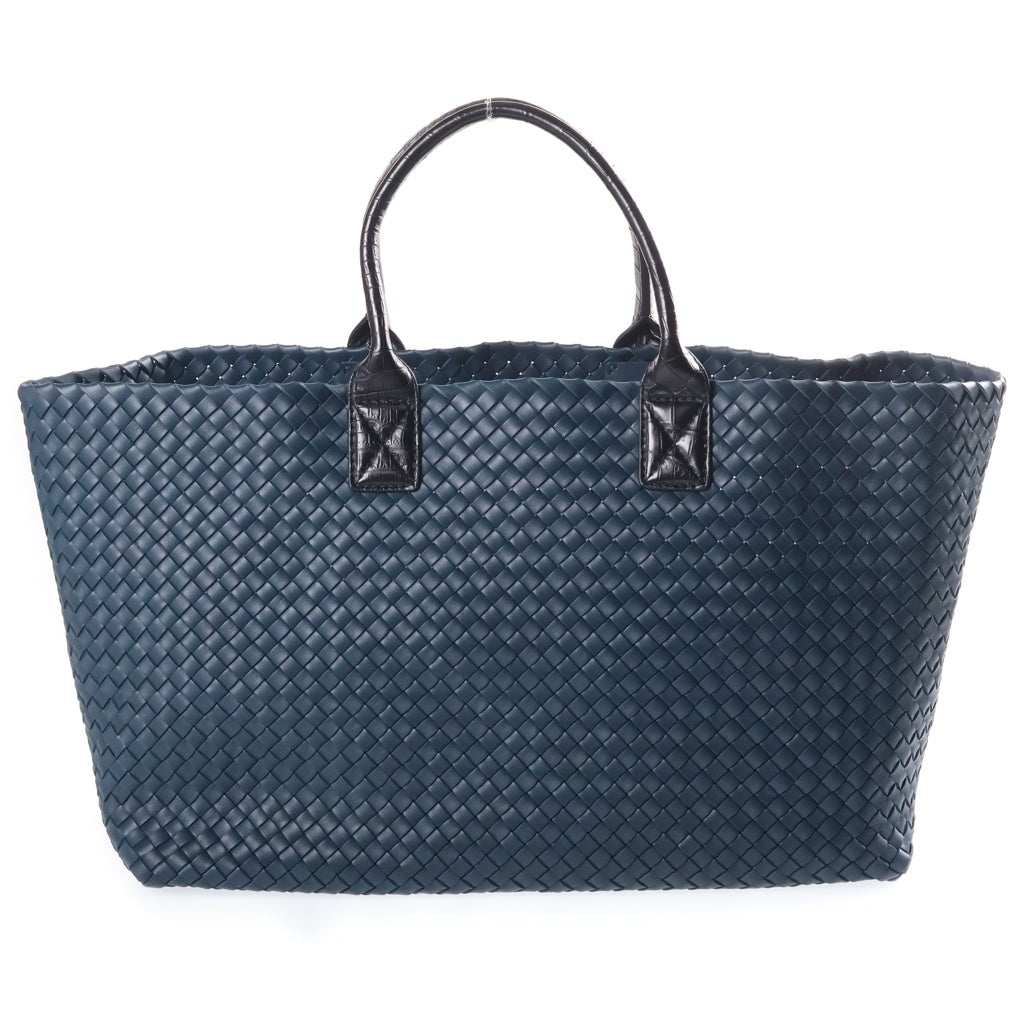 BOTTEGA VENETA(ボッテガヴェネタ) イントレチャート カバMM 型押しクロコハンドル トートバッグ ハンドバッグ ブルー×ブラック レザー レディース