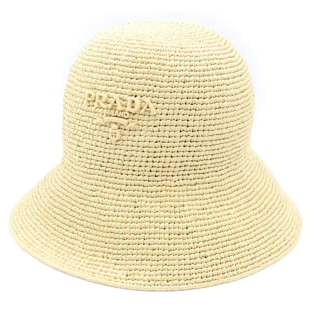 PRADA(プラダ) クロシェ ハット レタリングロゴ ラフィア バケットハット ベージュ 1HC264 2M2K レディース
