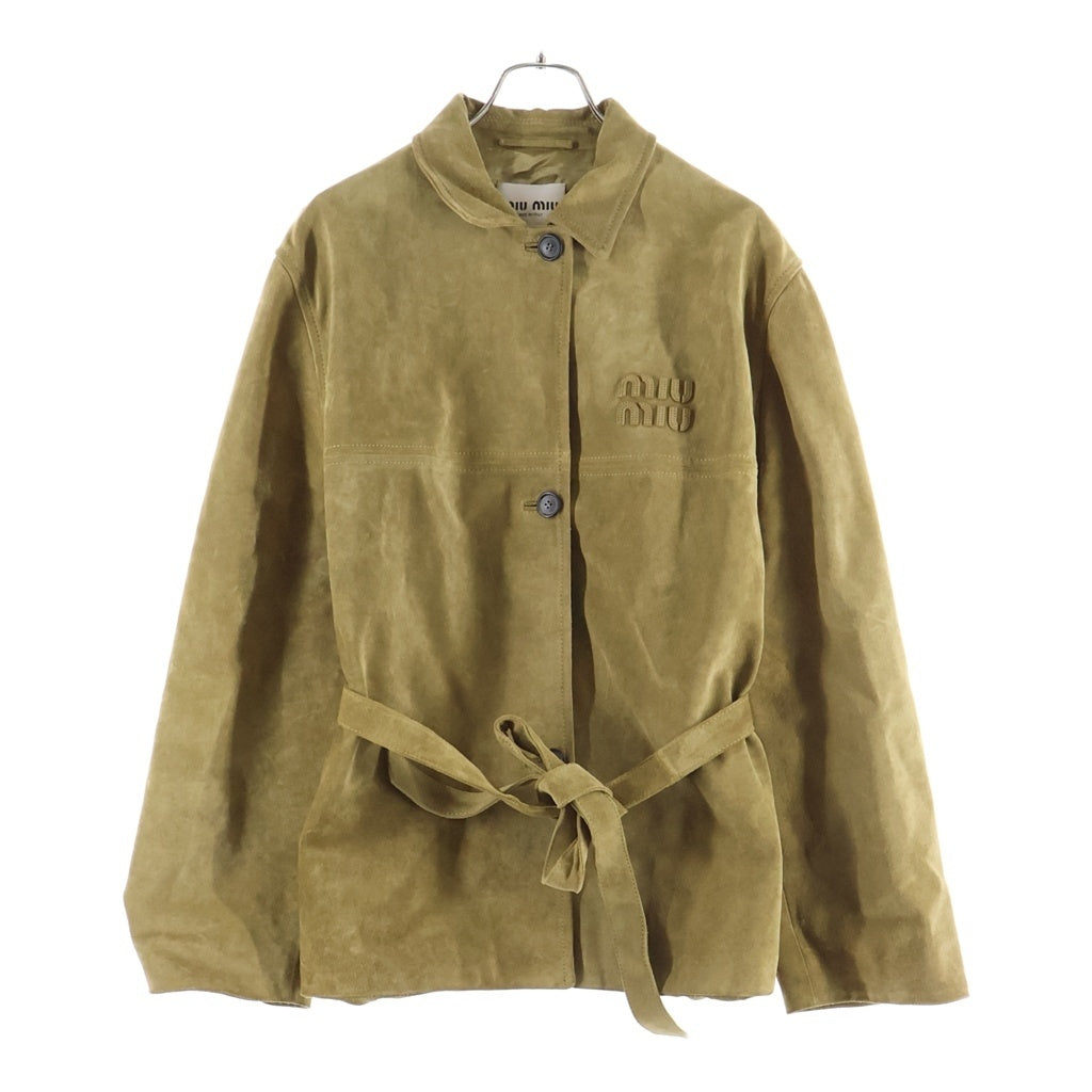 miumiu(ミュウミュウ) 24SS Leather Jacket スエードレザージャケット エンボスロゴ ワックス加工 ボタンアップ ブラウン MPV888 S000 1421 レディース