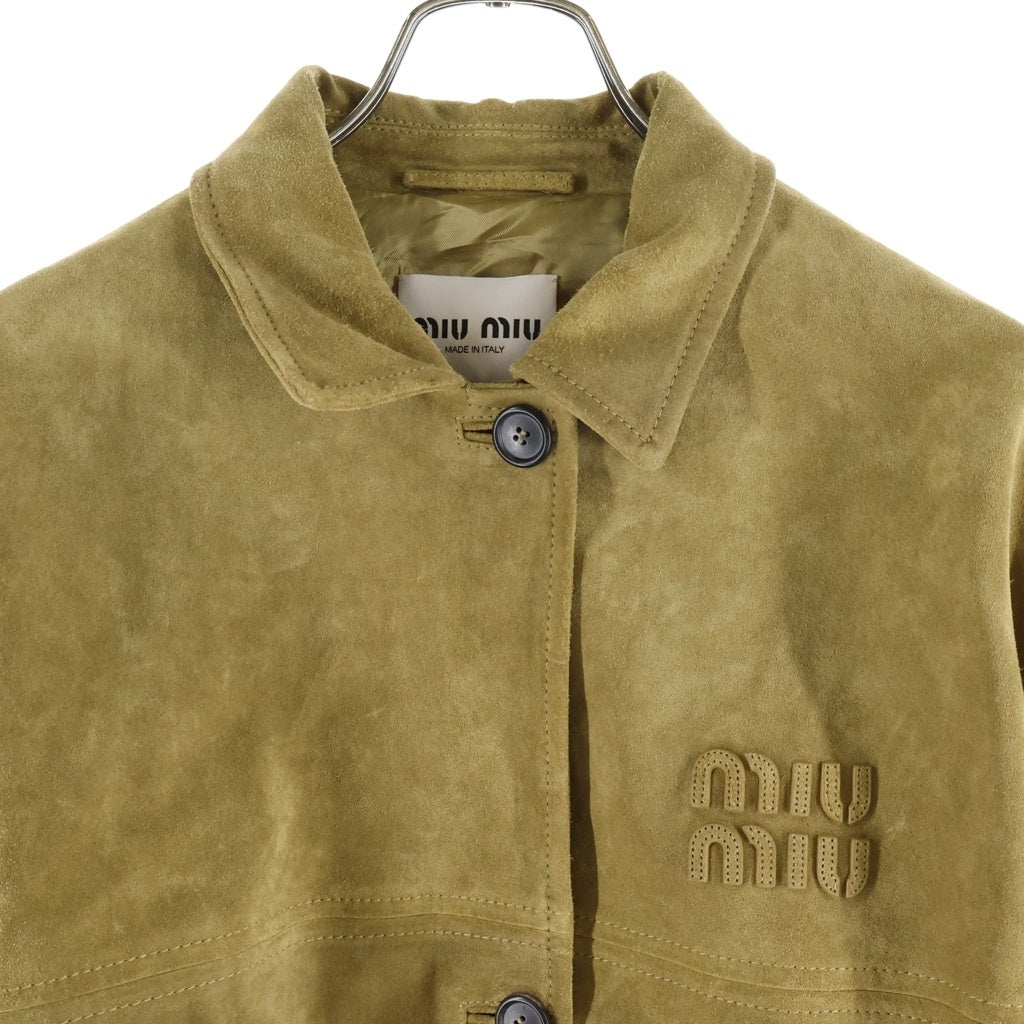 miumiu(ミュウミュウ) 24SS Leather Jacket スエードレザージャケット エンボスロゴ ワックス加工 ボタンアップ ブラウン MPV888 S000 1421 レディース