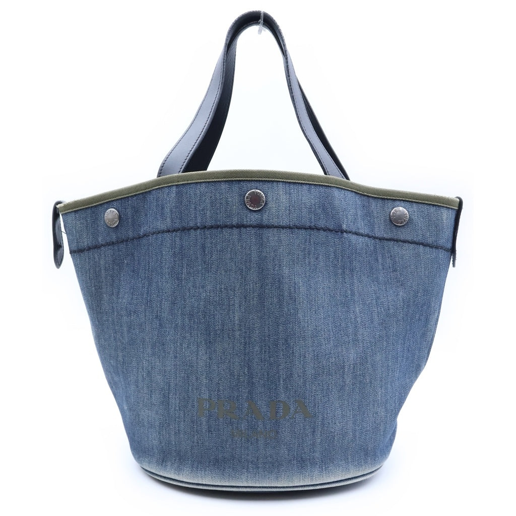 PRADA(プラダ) バケツ型 トートバッグ ハンドバッグ インディゴブルー×ブラック デニム×レザー 1BG244 レディース