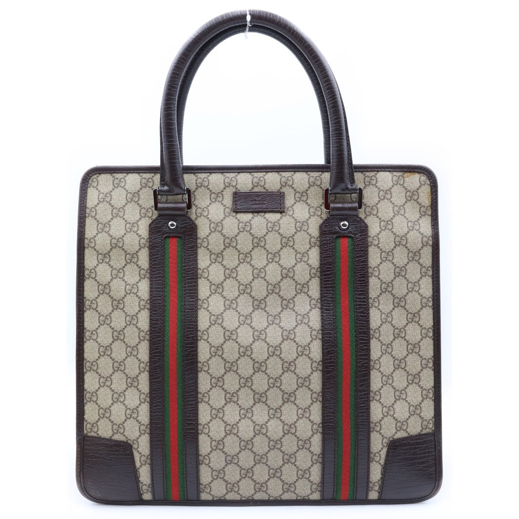 GUCCI(グッチ) GGスプリーム シェリーライン トートバッグ ハンドバッグ ブラウン×ベージュ PVC×レザー 145842 レディース