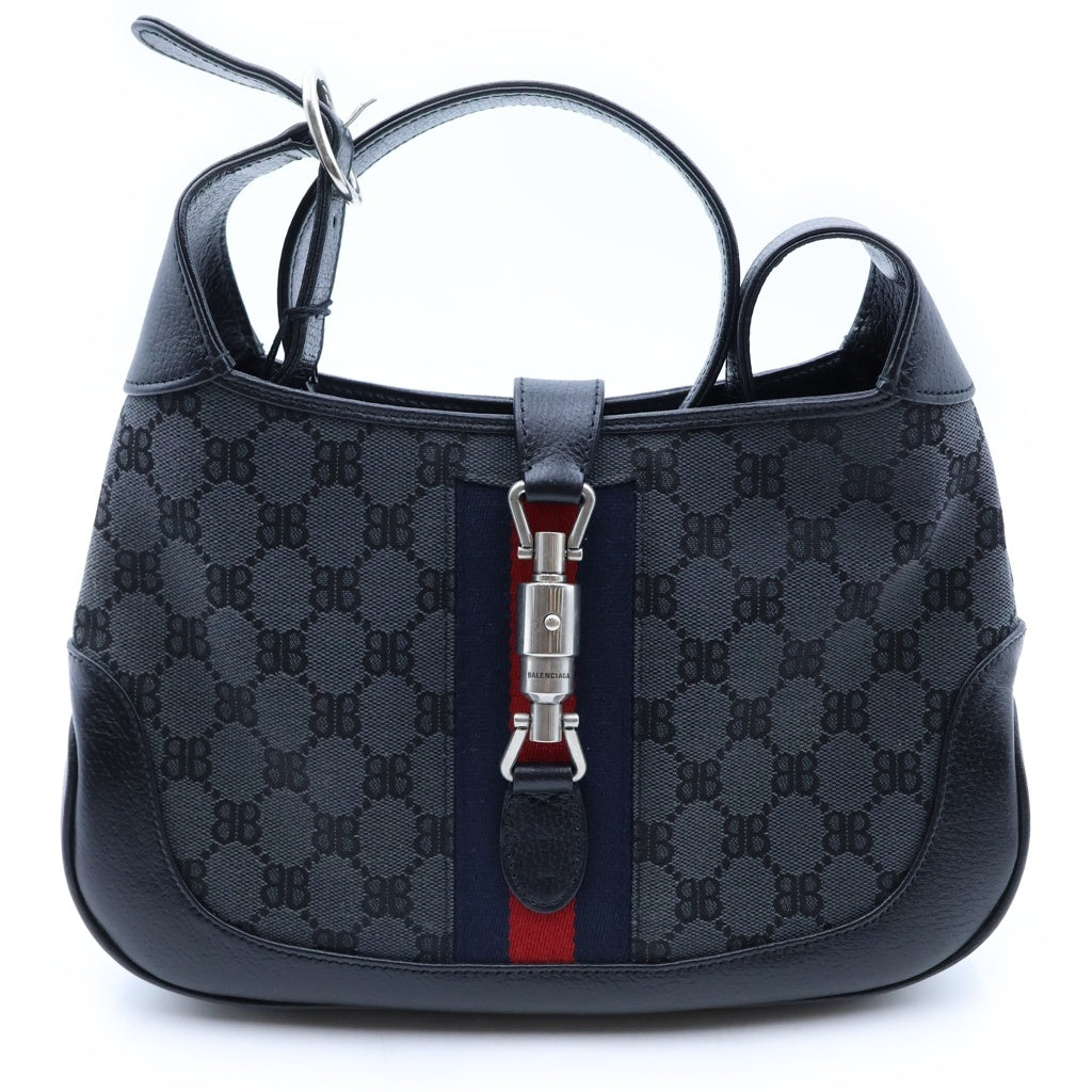 GUCCI(グッチ) × BALENCIAGA バレンシアガ ハッカープロジェクト ジャッキー BBキャンバス レザー ワンショルダーバッグ ブラック シルバー金具 680118 レディース