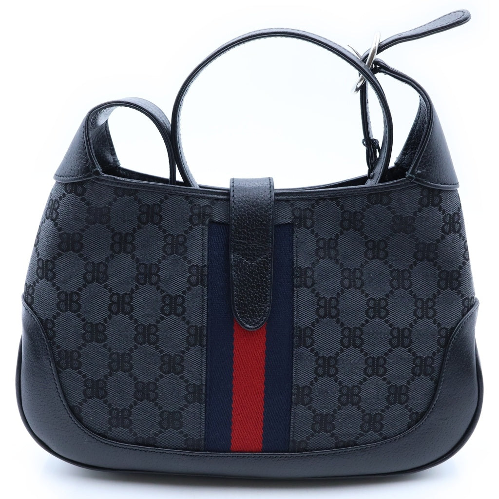 GUCCI(グッチ) × BALENCIAGA バレンシアガ ハッカープロジェクト ジャッキー BBキャンバス レザー ワンショルダーバッグ ブラック シルバー金具 680118 レディース