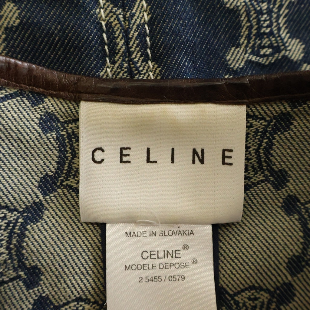 CELINE(セリーヌ) マカダム総柄 デニム レザーパイピング ノーカラー ジップアップ ジャケット インディゴ 2 5455/0579 レディース