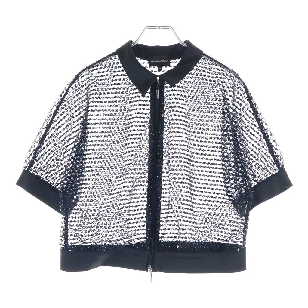 EMPORIO ARMANI EA7(エンポリオアルマーニイーエーセブン) スパンコール メッシュ サテン ジップアップ 半袖ジャケット ブルゾン ブラック レディース