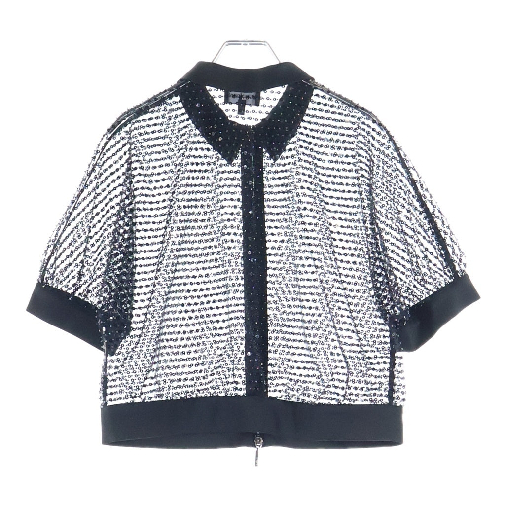 EMPORIO ARMANI EA7(エンポリオアルマーニイーエーセブン) スパンコール メッシュ サテン ジップアップ 半袖ジャケット ブルゾン ブラック レディース