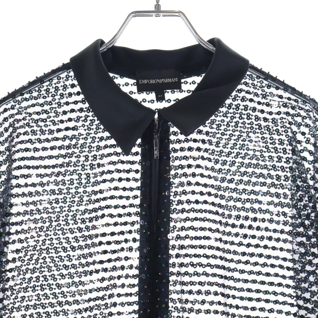 EMPORIO ARMANI EA7(エンポリオアルマーニイーエーセブン) スパンコール メッシュ サテン ジップアップ 半袖ジャケット ブルゾン ブラック レディース