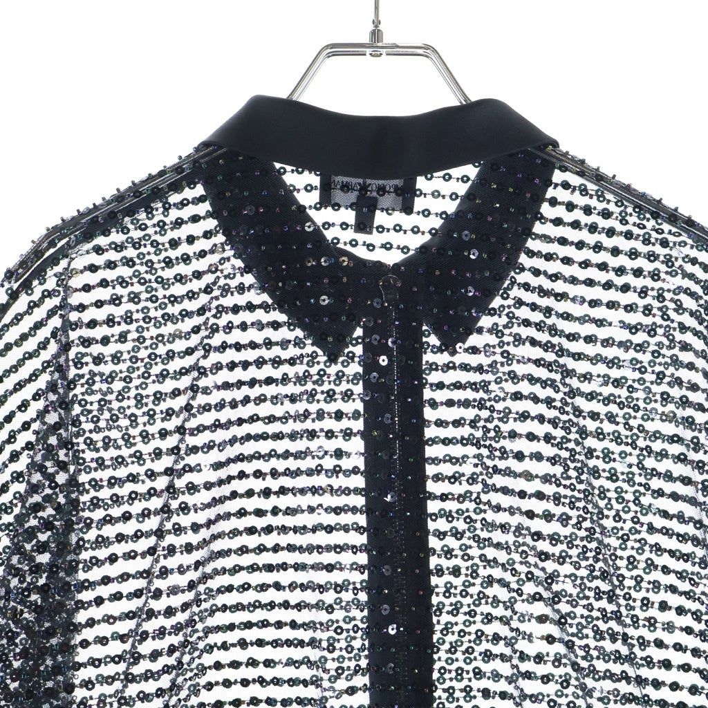 EMPORIO ARMANI EA7(エンポリオアルマーニイーエーセブン) スパンコール メッシュ サテン ジップアップ 半袖ジャケット ブルゾン ブラック レディース