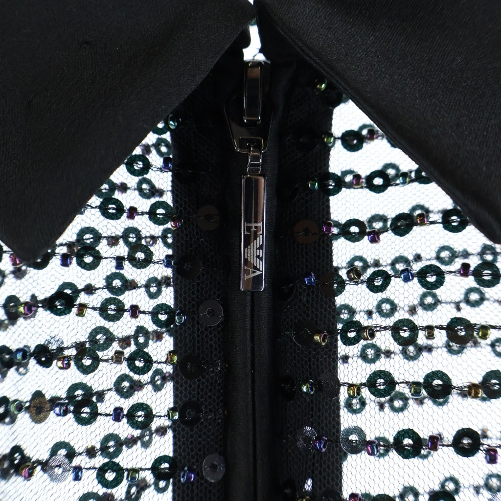 EMPORIO ARMANI EA7(エンポリオアルマーニイーエーセブン) スパンコール メッシュ サテン ジップアップ 半袖ジャケット ブルゾン ブラック レディース